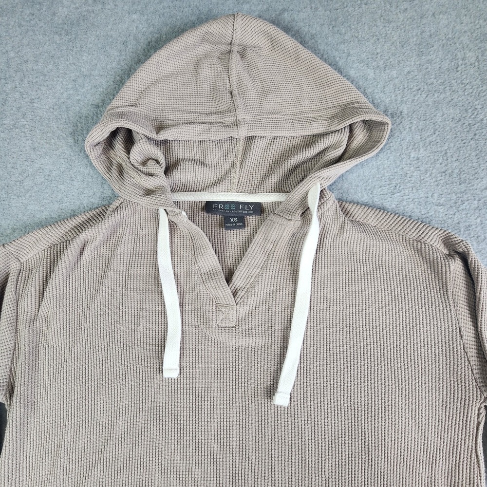 Free Fly Bamboo Waffle Knit V Neck Hoodie Women's XS Beige Drawstring Textured